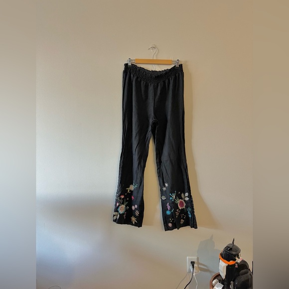 Johnny Was JWLA Martine Embroidered High Slit Palazzo Pant Boho Black S Linen - Picture 1 of 8